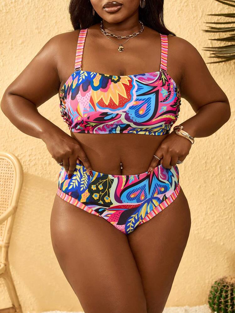 SHEIN Slayr CURVE Plus Size Tropical Green Plant Ruffled Bikini Swimwear Set - Multicolor - View 3