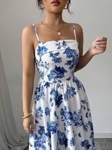 SHEIN Raffinéa Spring/Summer Sleeveless Butterfly Printed Dress, Suitable For Outdoor Activities, Parties, Graduations, Dances And Festivals - Blue and White - View 5