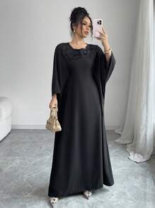 Chiquease Women's Fashionable V-Neck Long Sleeve Pearl Embellished Maxi Dress - Black - View 1