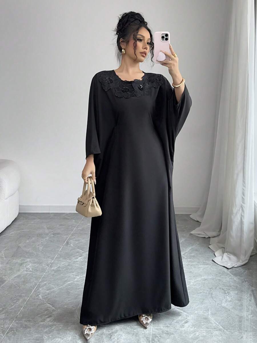 Chiquease Women's Fashionable V-Neck Long Sleeve Pearl Embellished Maxi Dress - Black - View 1