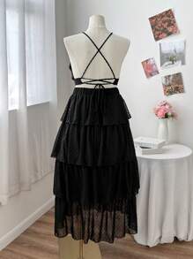 Sweetra 大码女式黑色镂空优雅浪漫度假深 V 领细肩带分层下摆连衣裙 - 黑色 - 查看 2