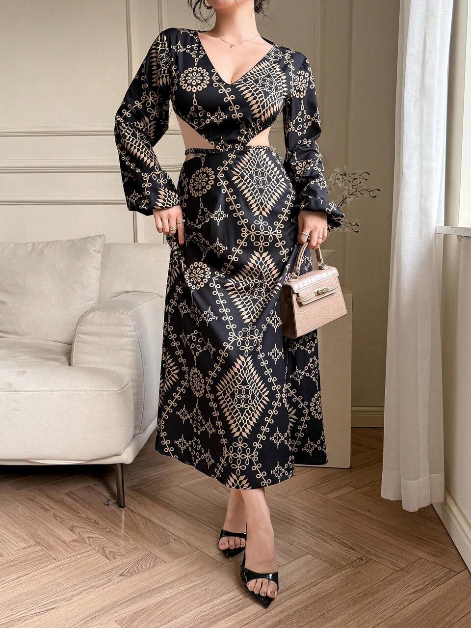 Women's Geometric Pattern Full Print V-Neck Long Midriff Exposed Dress,Fall Dress Long Sleeve Dress