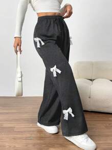 Teen Girls Loose Knit Wide Leg Pants Black Color With White Lace Bow Decor, Casual Waist Tie Front Pants, Gift For Valentine's Day, Friends Or Yourself,Holiday,Summer,Travel - Dark Grey - View 6