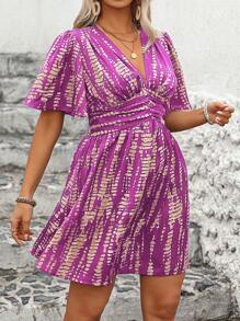 Breezaya 大码女式扎染印花 V 领短袖褶皱休闲连衣裙 - 紫丁香色 - 查看 7