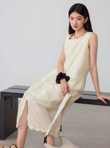 DAZY Women's Linen Minimalistic Tie-Up Slit A-Line Sleeveless Midi Dress Old Money Style,Casual Women Dresses Business Casual Woman Work Clothes - Beige - View 4
