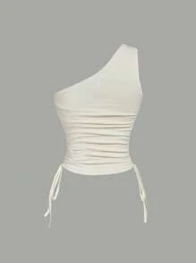 SHEIN MOD 金属光泽不对称领口上衣，侧边抽绳设计，方领，性感蕾丝，外出穿着，露肩，露背，透视，紧身女装 - 杏色 - 查看 3