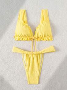 Swim Vcay Set de 2 piezas de ropa de playa de verano para mujer, Top corto con tirantes de jacquard amarillo y bikini de tanga