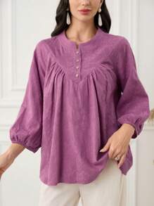 Mulvari Women Casual Solid Color Jacquard Lantern Sleeve Blouse