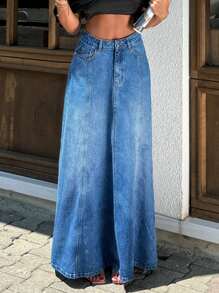 Cottnline WOMEN DENIM SKIRT STICH DETAIL MAXI SKIRT - Medium Wash - View 5