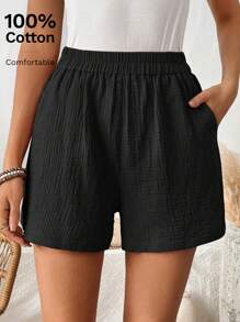 SHEIN LUNE Shorts casuales de mujer de verano, de unicolor con cintura elástica - Negro - Ver 7