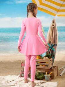 SHEIN Girls' Long Sleeve Leaf Print Zipper Rashguard & Skirt Swimsuit Set, Pink, Sweet & Energetic