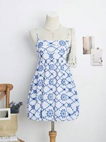 SHEIN Unity Pleated Hollow Floral Embroidered Tiered Mini Dress - Blue - View 7