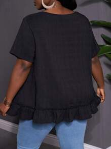 SHEIN CURVE+ Large Solid Color Round Neck Pleated Short Sleeved Loose Shirt For Spring And Summer, Spring And Summer Doll Shirt Boho Vacation - Black - View 2