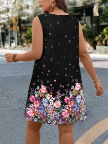 SHEIN LUNE 大码女式花卉印花 V 领无袖宽松休闲连衣裙夏季 - 黑色 - 查看 2