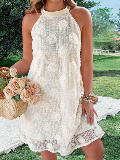 Flirla Plus Size Women Rose 3D Floral Halter Neck Casual Dress, Resort Wear