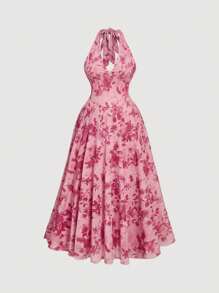 SHEIN MOD 大码花卉印花挂脖中长连衣裙 - 粉色 - 查看 5