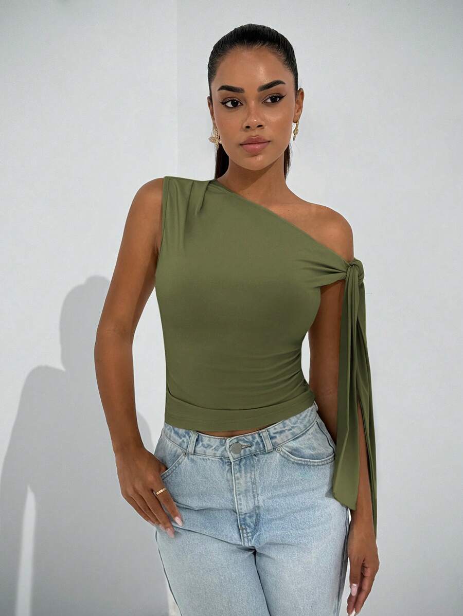 SHEIN BAE 优雅女士不对称颈部结带上衣，适合休闲约会、郊游、夜总会、派对、俱乐部、万圣节、秋季