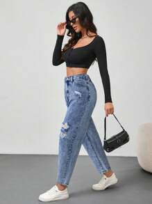 SHEIN Tall 女士紧身破洞蓝色七分牛仔裤 - 卡其色 - 查看 5