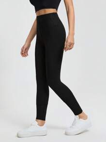 SHEIN Tall Solid Color Casual Sports Knitted Tight-Fitting High-Elastic Wide Ribbed Textured Leggings For Women - Black - View 5