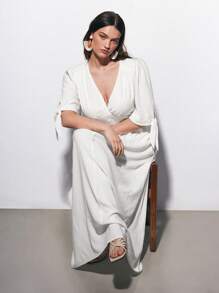 Maija 大码女式夏季波西米亚度假沙滩短袖长裙、全白女装毕业礼服、婚礼宾客礼服、女士沙滩装、外出礼服、女士度假礼服、优雅商务休闲女装、女士演唱会服装 - 白色 - 查看 7