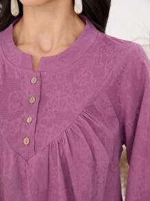 Mulvari Women Casual Solid Color Jacquard Lantern Sleeve Blouse