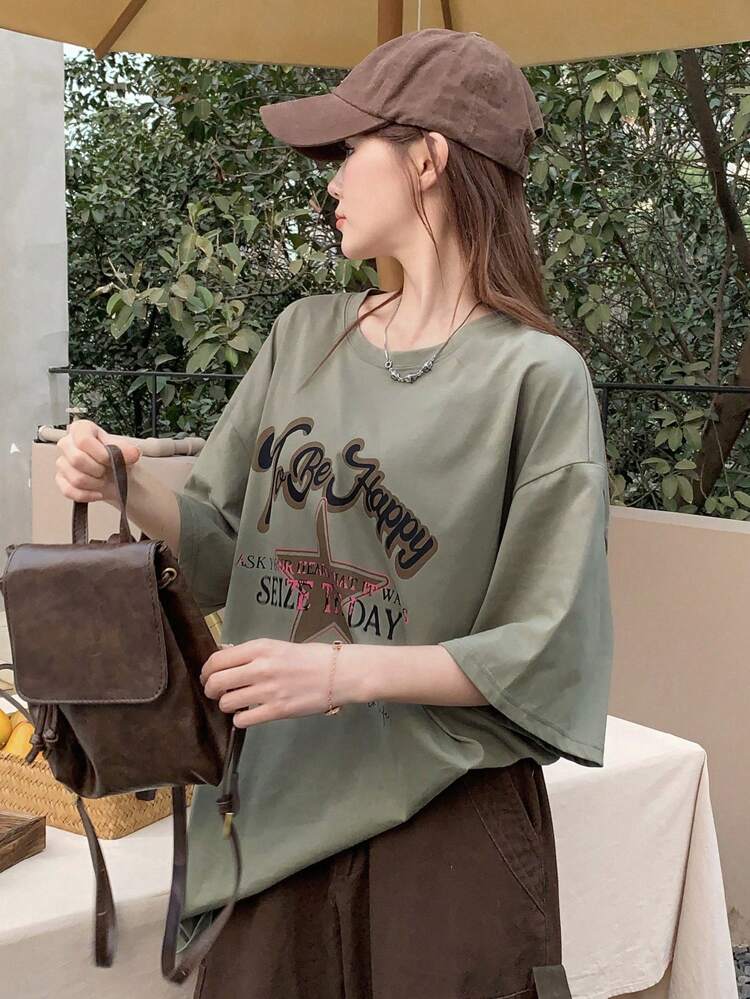 Women's Round Neck Letter Printed Short Sleeve T-Shirt Oversized T-Shirt,Back To School Clothes