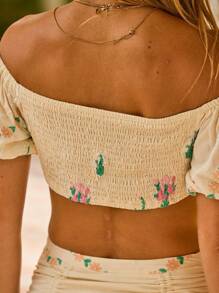 Aralina Boho Festival Floral Embroidered Ruched Off Shoulder Two Pieces Summer Set - White - View 5