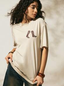 Easelle Áo thun họa tiết bốt cao bồi cổ điển màu mơ đậm phong cách miền Tây dành cho nữ mới 2025, thích hợp cho các lễ hội âm nhạc mùa hè - Màu be - Xem 3