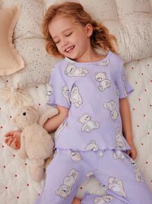 2pcs/Set Young Girl Casual Cute Cartoon Bear Print Short Sleeve Top And Pants Homewear Sets