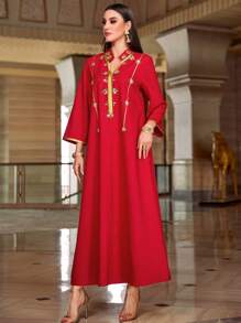 Al Najma Handcrafted Acetate Linen Red Arabian Dress Robe Kaftan Jalabiya Dress - Red - View 6