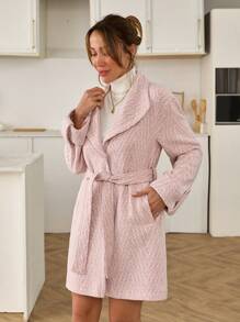 EURMUSE 女士全印花翻领卷袖单排扣宽松羊毛混纺夹克，时尚优雅 - 淺粉色 - 查看 3