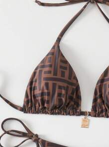 Swim Vcay Set de bikini de 2 piezas para mujer con estampado aleatorio, tirantes de espagueti y decoración metálica en estilo vintage para primavera y verano - Café integral - Ver 5