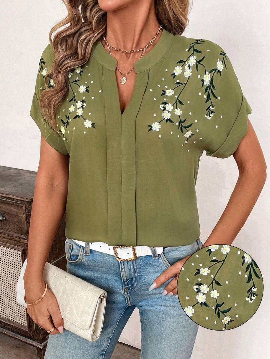 SHEIN Clasi Green Easter Embroidery V-Neck Loose Short Sleeve Blouse For Women Summer Outfits For Women St Patrick St Patrick Day Shirt Women Clothing Summer Easter Dress Women Easter Dress Women - Green - View 1