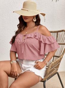 SHEIN VCAY Áo cánh rộng rãi màu trơn viền bèo nhún buộc bèo nhún phía trước cho nữ cỡ lớn - Màu Hồng  San hô - Xem 5