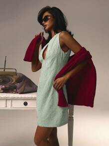 Athîral Váy ngắn màu đỏ cho nữ, tối giản, thường ngày, họa tiết caro thích hợp mặc hàng ngày ngày lễ tình nhân - màu xanh lá - Xem 4