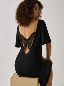 Easelle Spring/Summer Bohemian Style Outfit, Cowgirl Vintage Women's Boat Neck Backless Butterfly Design Black Knit Loose Dress, Suitable For Vacation