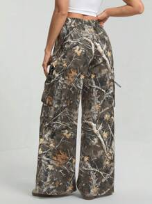 SHEIN Tall Women's Branch Print Baggy Wide Leg Loose Cargo Pants - Army Green - View 2