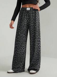 SHEIN Tall Women Leopard Print Casual Lounge Pants - Dark Grey - View 7