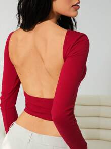 Muchica Red Knitted Backless Women Fitted Long Sleeve T-Shirt Top - Burgundy - View 1