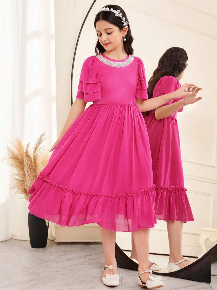 SHEIN Tween Girls Casual Elegant Pearl Ribbon Decor Ruffle Trim Sleeves Patchwork Solid Color Woven Dress - Hot Pink - View 4