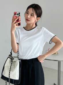 DAZY Camiseta Cuello Redondo Con Ribete De Contraste - Blanco - Ver 5