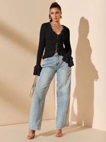 SHEIN BAE 杏色蕾丝上衣，系带细节，荷叶边下摆，甜美性感，适合春季、夏季、情人节、派对、约会、伴娘、通勤、生日 - 黑色 - 查看 6