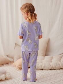 2pcs/Set Young Girl Casual Cute Cartoon Bear Print Short Sleeve Top And Pants Homewear Sets