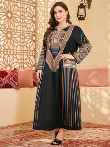 Al Najma 女士休闲大码阿拉伯定位印花长袖圆领连衣裙