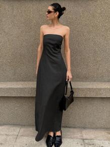 Livesso Đầm không tay màu trơn, đầm dài thanh lịch cho kỳ nghỉ hè của nữ, đầm maxi vải lanh mùa xuân và hè. - màu đen - Xem 3