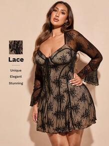 SHEIN BAE Váy chữ A viền ren xẻ tà cỡ lớn cho nữ/Váy dự tiệc trà/Váy màu be cho nữ/Váy bèo nhún/Váy mùa hè cho nữ/Váy mùa xuân - màu đen - Xem 9