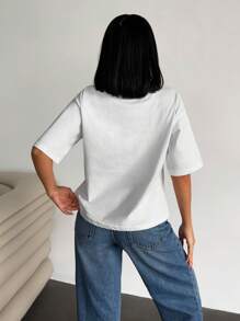 EURMUSE 女士字母图案短袖 T 恤正面印有文字外出 - 奶油色 - 查看 2