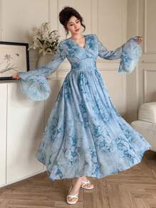 DAZY Spring Floral V-Neck Ruffle Hem Mid-Length Dress For Women,Fall Dress Long Sleeve Dress Easter - Blue - View 3