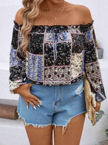 SHEIN LUNE Plus Size Chic Retro Paisley Print Off Shoulder Long Sleeve Blouse, Suitable For Vacation And Dates - Multicolor - View 3