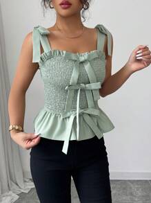Elenzga Women's Summer Casual Pleated Bow Strap Sleeveless Camisole Top - Green - View 3